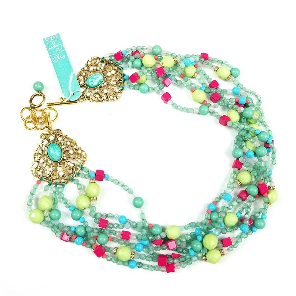 AQUA collar necklace 7 strands pink turquoise - Picture 1 of 8